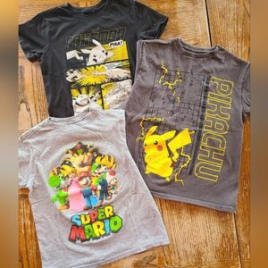 Super Mario and Pikachu Kids T-Shirts - Gray and Black, Size 4/5 And XS